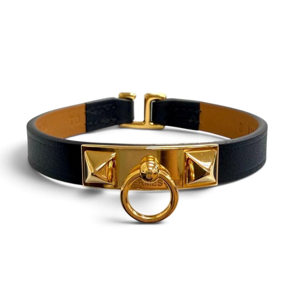 HERMES Micro Rival Swift Leather Bracelet with Gold Hardware, Black, T3 B Sta...